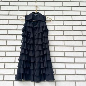 Samuel Dong Black Sleeveless Ruffle Tunic Top Blouse Button Front Layered Sheer